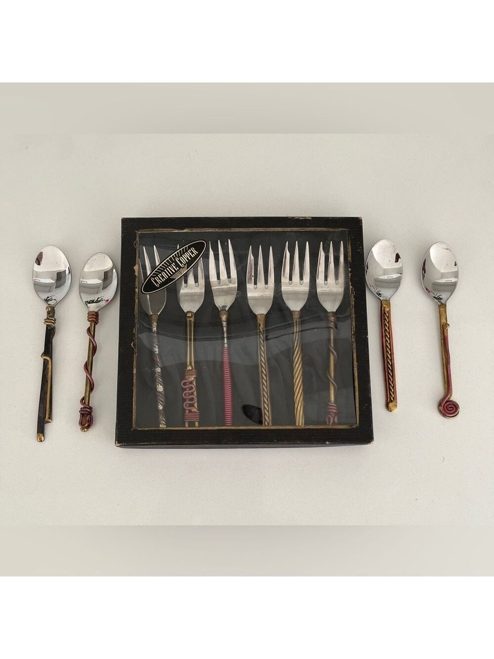 CREATIVE COPPER Box Set 6 Art Dessert Forks Plus 4 Tea Spoons No Box Unique